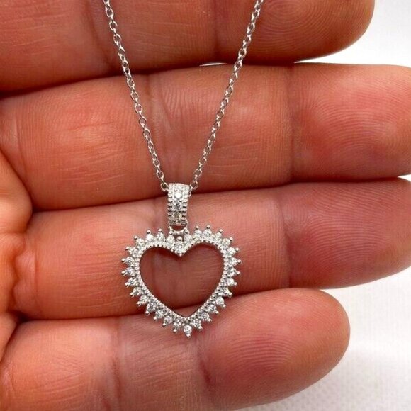 Open heart pendant necklace lab simulated diamonds 925 sterling silver - Picture 1 of 4